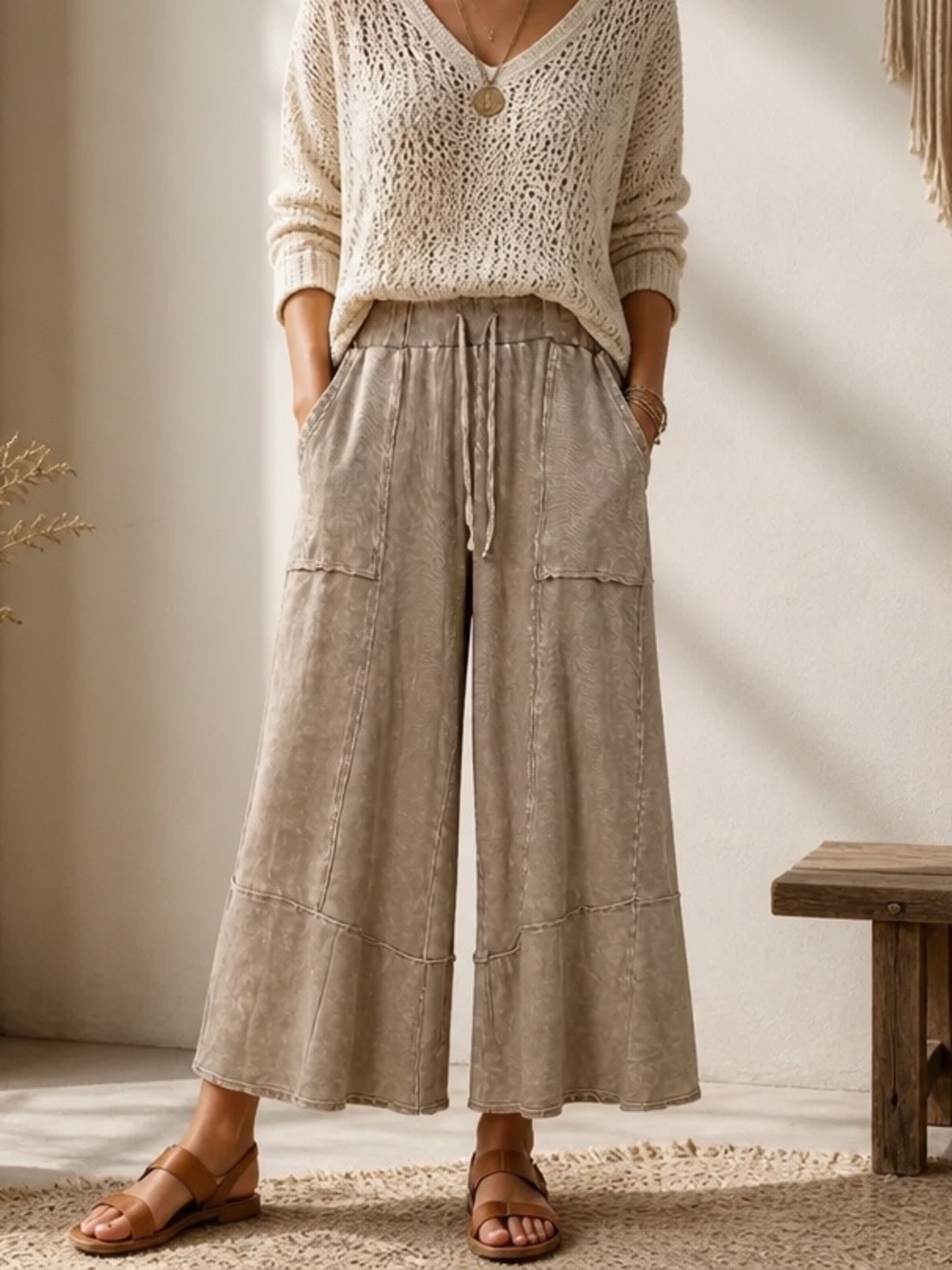Three Bird Nest Large Taupe Wide Leg Patchwork Drawstring Cotton Boho Pants